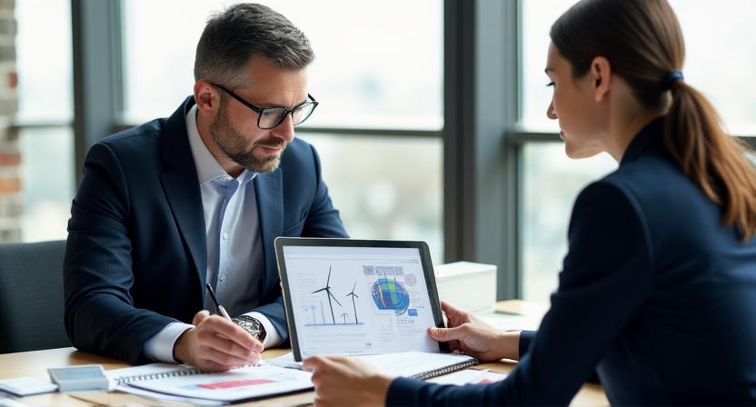 Abogado revisando planos técnicos y modelos climáticos con un cliente